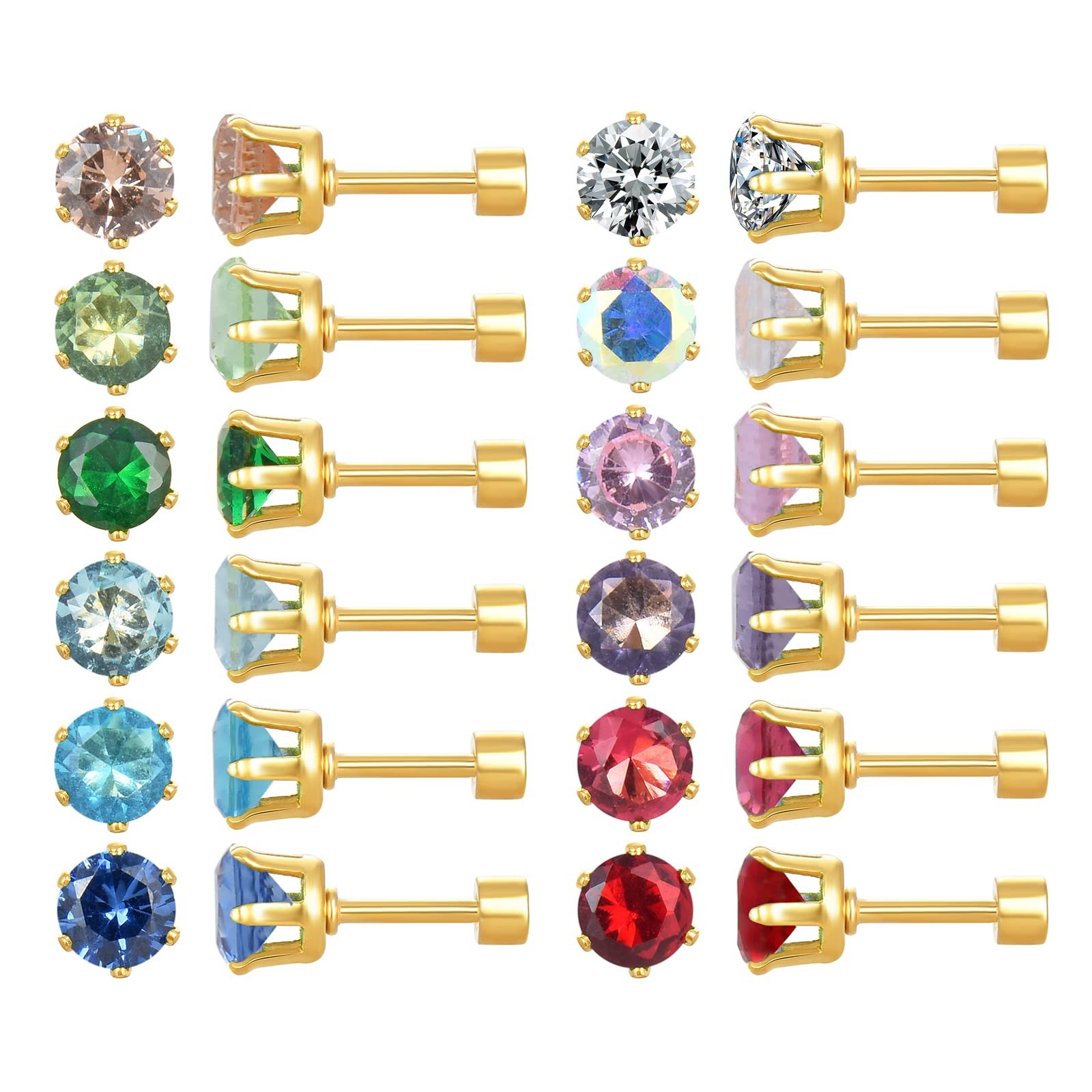 12 Pairs 18K Gold Plated Surgical Stainless Steel Stud Earrings, Flat Back Sc…