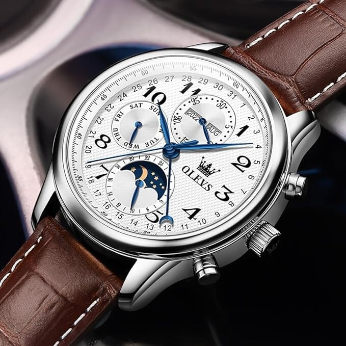 OLEVS Automatic Mechanical Watch Men’s Moon Phase Waterproof Leather Men Strap