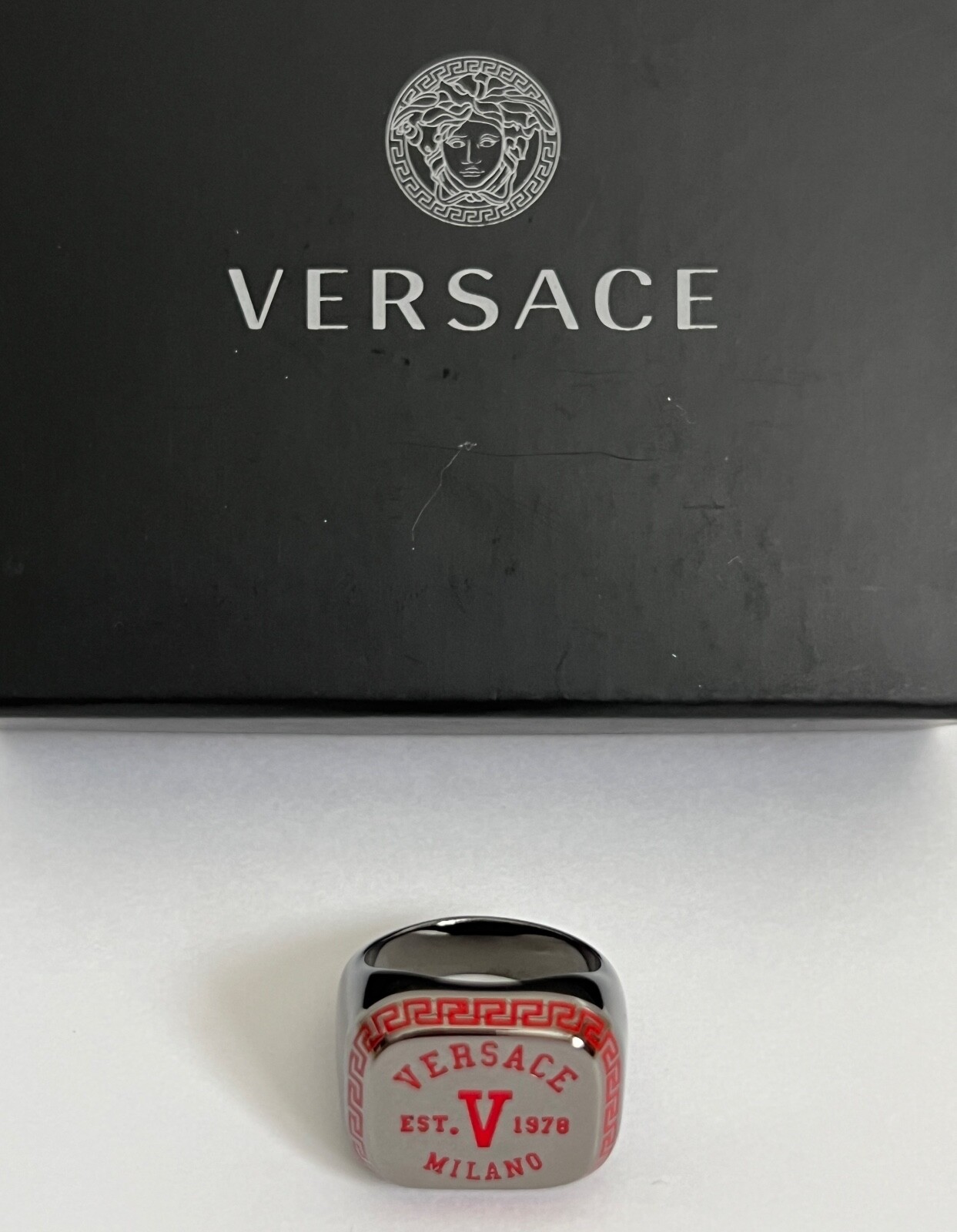 NIB Versace Varsity Red V Greek Key Logo Ruthenium Signet Ring Sz 17 US 8 $495