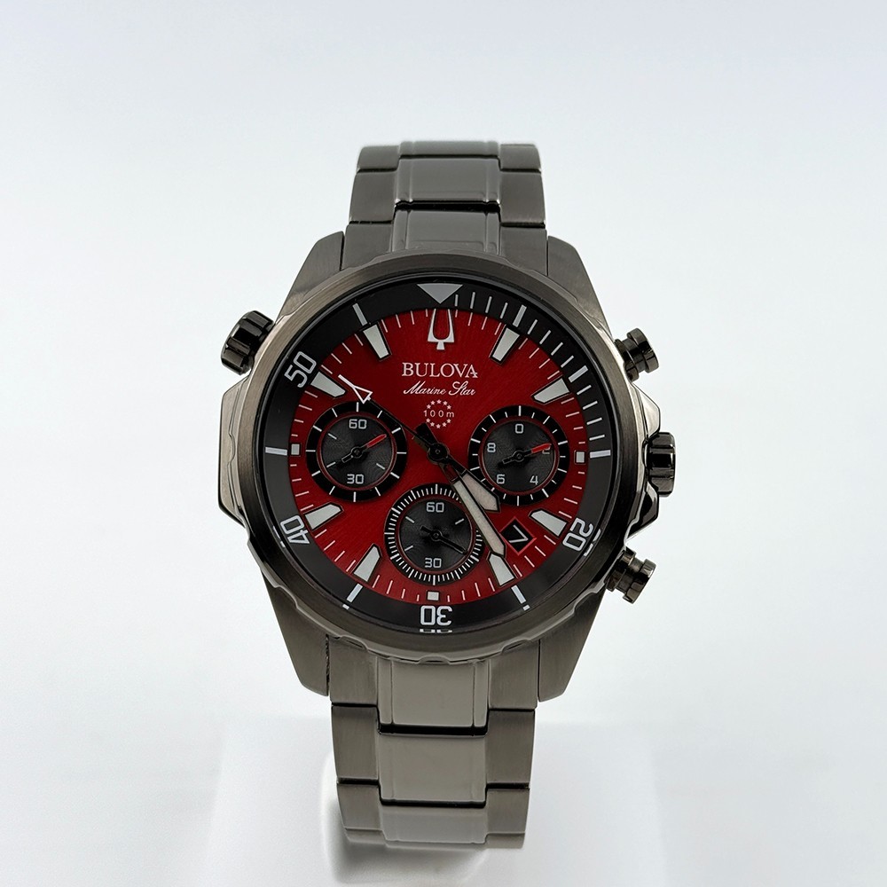 Bulova 98B350 Men’s Marine Star Chronograph Quartz Red Dial Stainless Watch 43mm