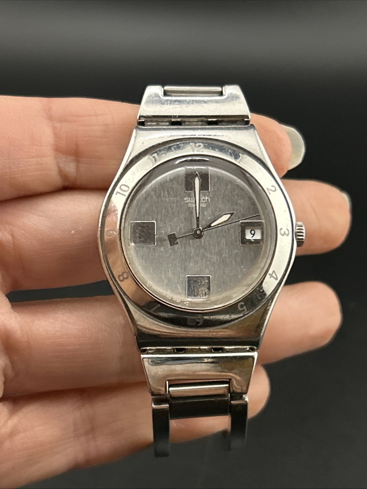 Swatch Irony Swiss Ladies Stainless Steel Watch Running Wristwatch Bezel SS Brac