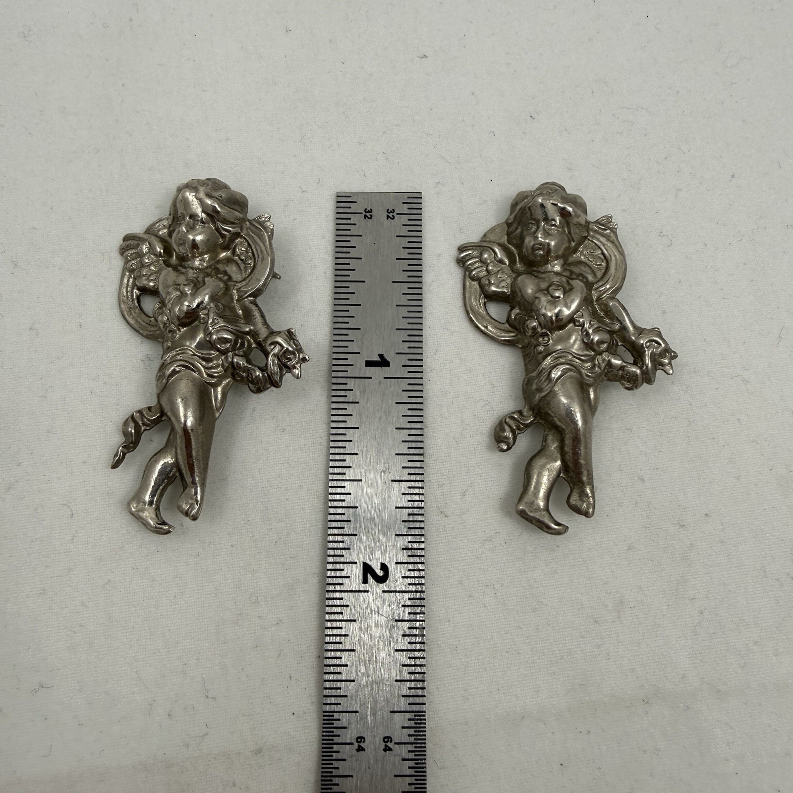 Vintage Pair Lot Of 2, 3D Angel Cherubs Sterling Silver Pendant Brooch 7.3 Grams
