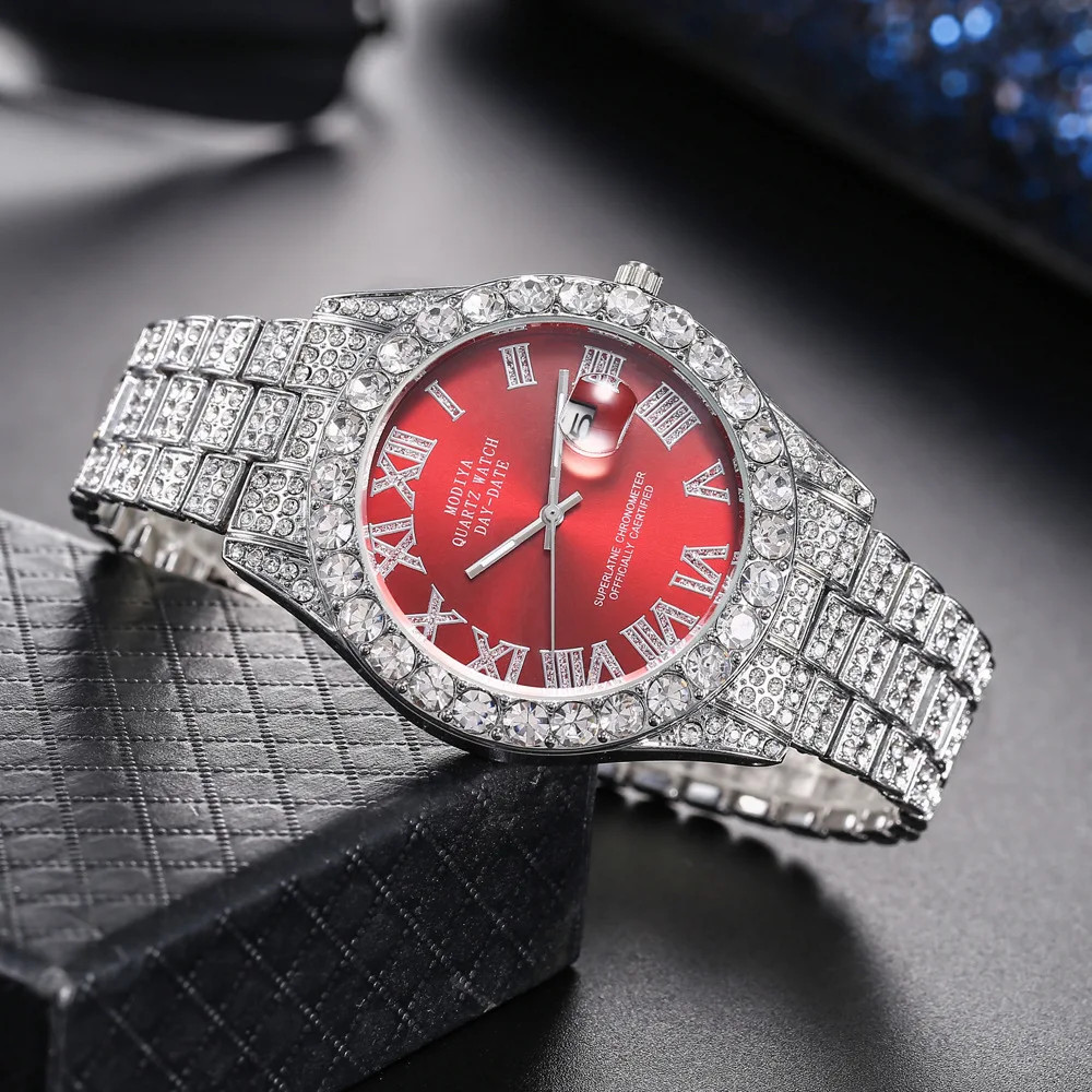 Classic Luxury Golden Men’S Steel Strap Roman Scale Rhinestone Calendar Quartz W