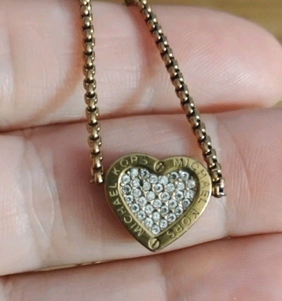 MICHAEL KORS Warm Golden Tone Pave HEART Signed Adjustable Slider Bracelet!