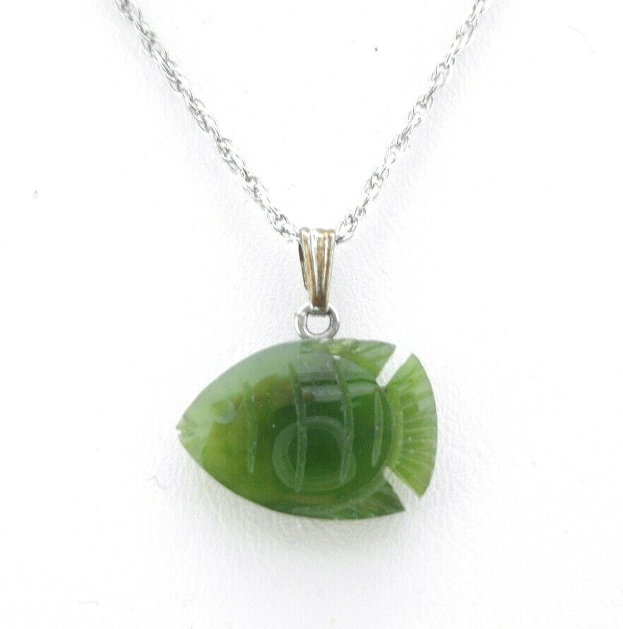 Pendant Green Nephrite Jade ANGEL FISH Sterling Silver16″ rope chain