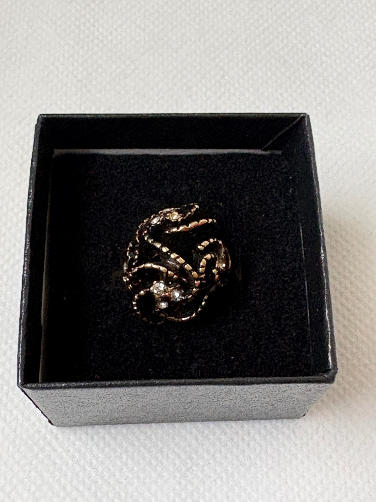 Vintage Gold-Tone Swirling Ring with Black Enamel and Clear Rhinestones, Gift-Ed