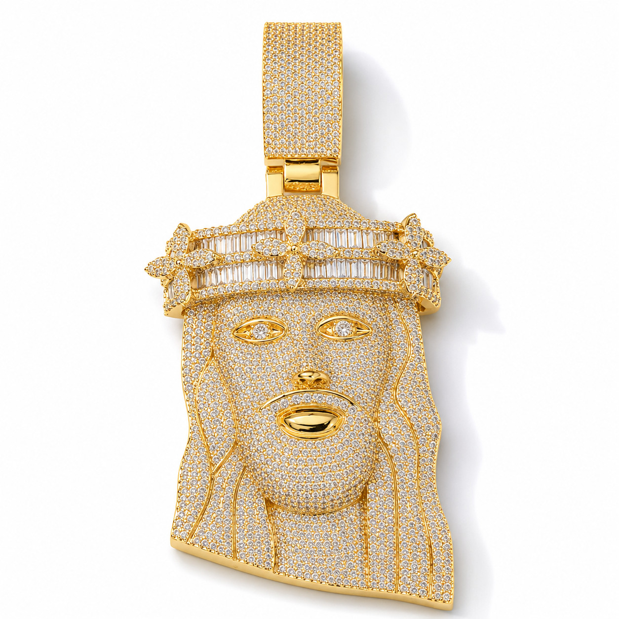 5AAA+ CZ Iced Out Hip Hop Bling Jesus Head Pendant Necklace 14k Gold Plated