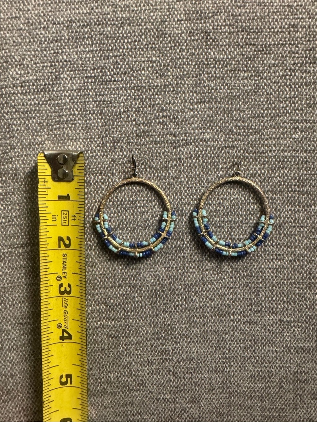Boho Blue Seed Bead Hoop Earrings Gold Tone Dangle Lightweight Bohemian