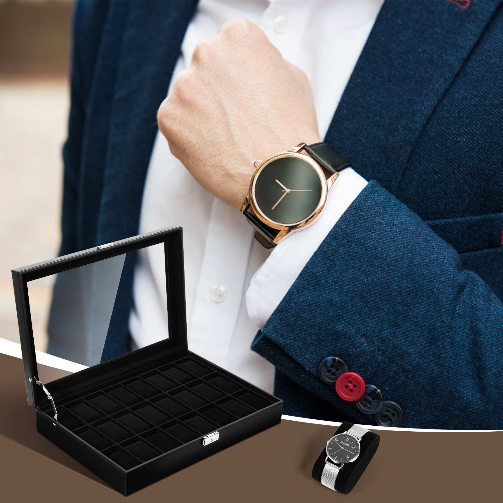 24 Slots PU Leather Watch Case Box Jewelry Organizer Display Case Lockable Gift