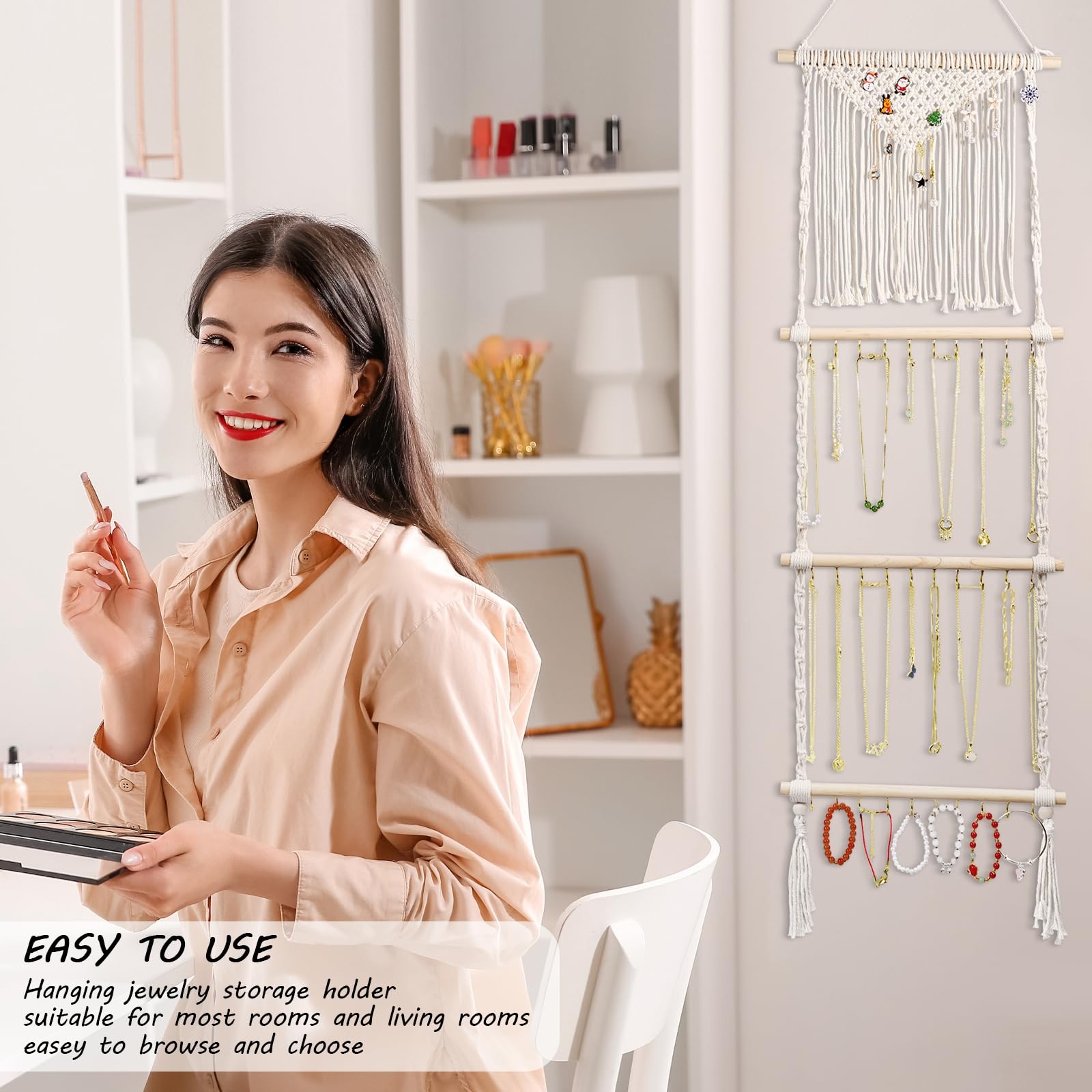 Hanging Jewelry Organizer, Boho Macrame Necklace Hanger Wall Mounted with 30 …