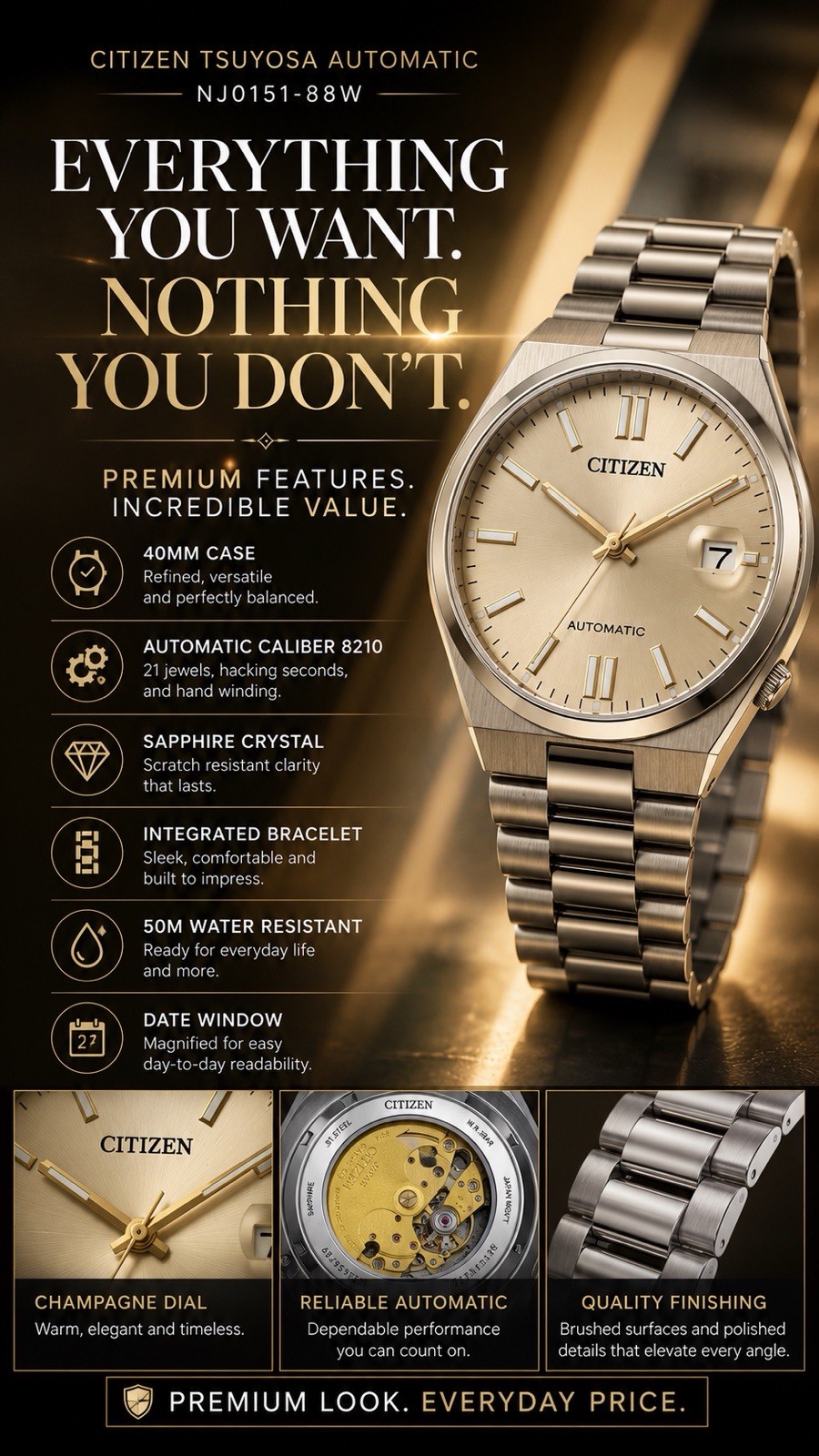 Citizen Tsuyosa NJ0151-88W Automatic 40mm Champagne Dial Sapphire Watch