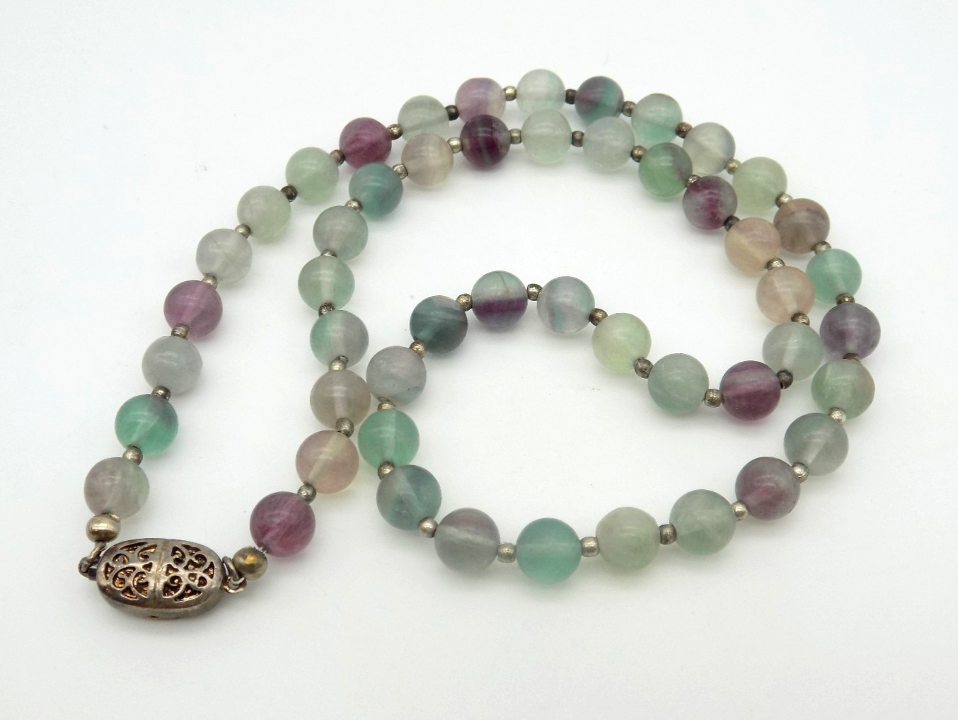 Sterling Silver Fluorite Beaded Necklace Green Purple 20″