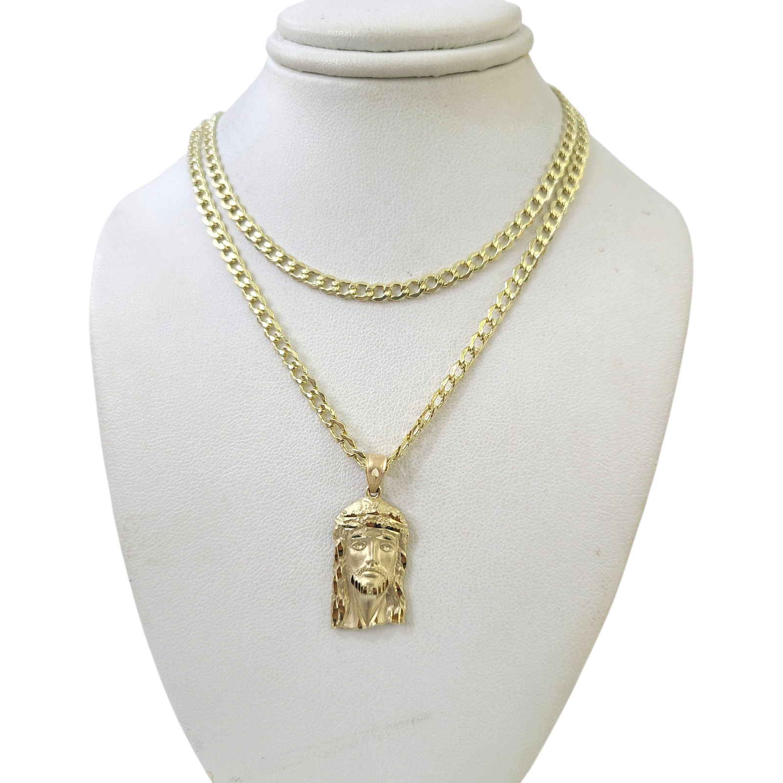 10K Gold Cuban Curb Chain Necklace Jesus Head Charm Pendant Set 3mm 18″–24″