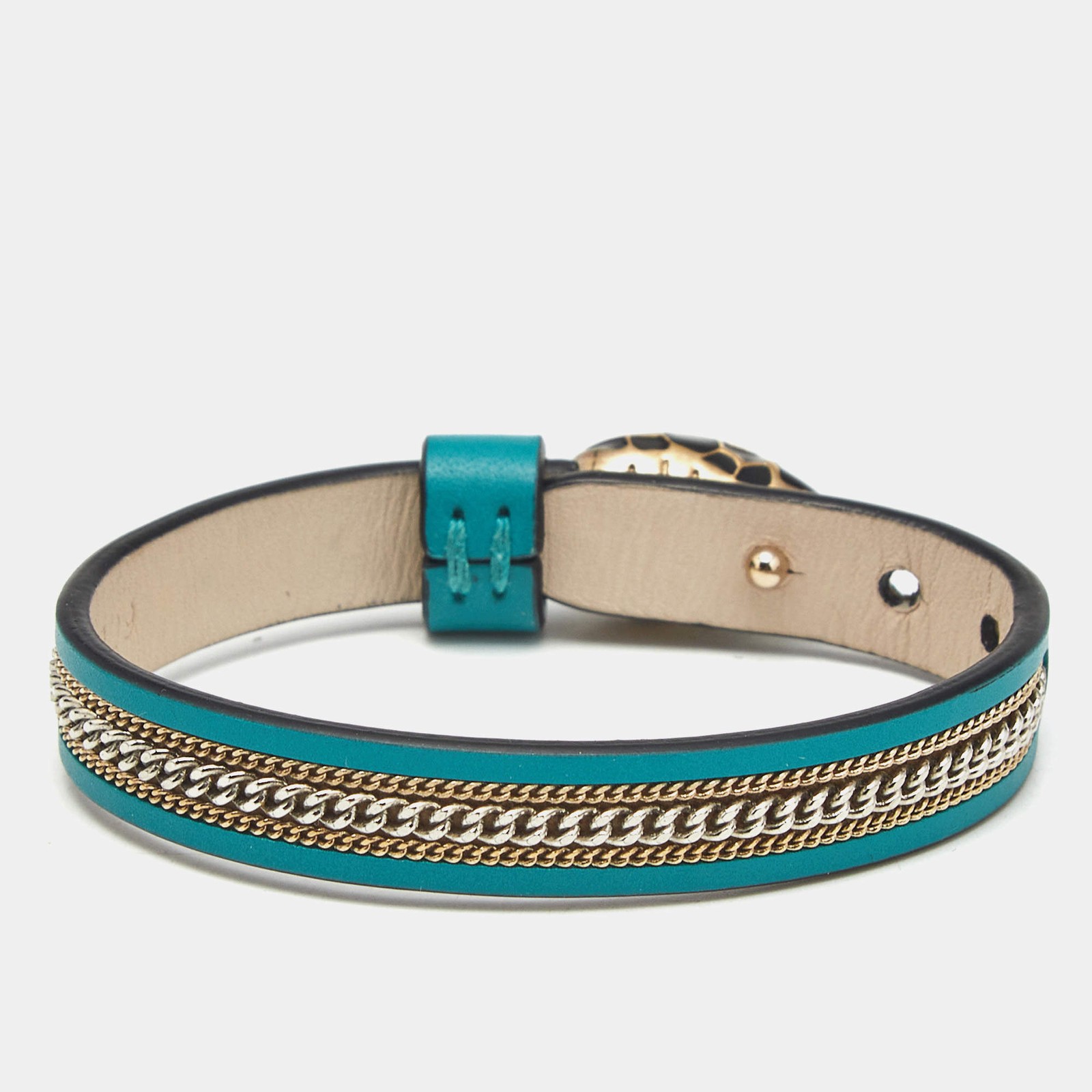 Bvlgari Serpenti Forever 3 Chain Motif Enamel Green Leather Two Tone Metal