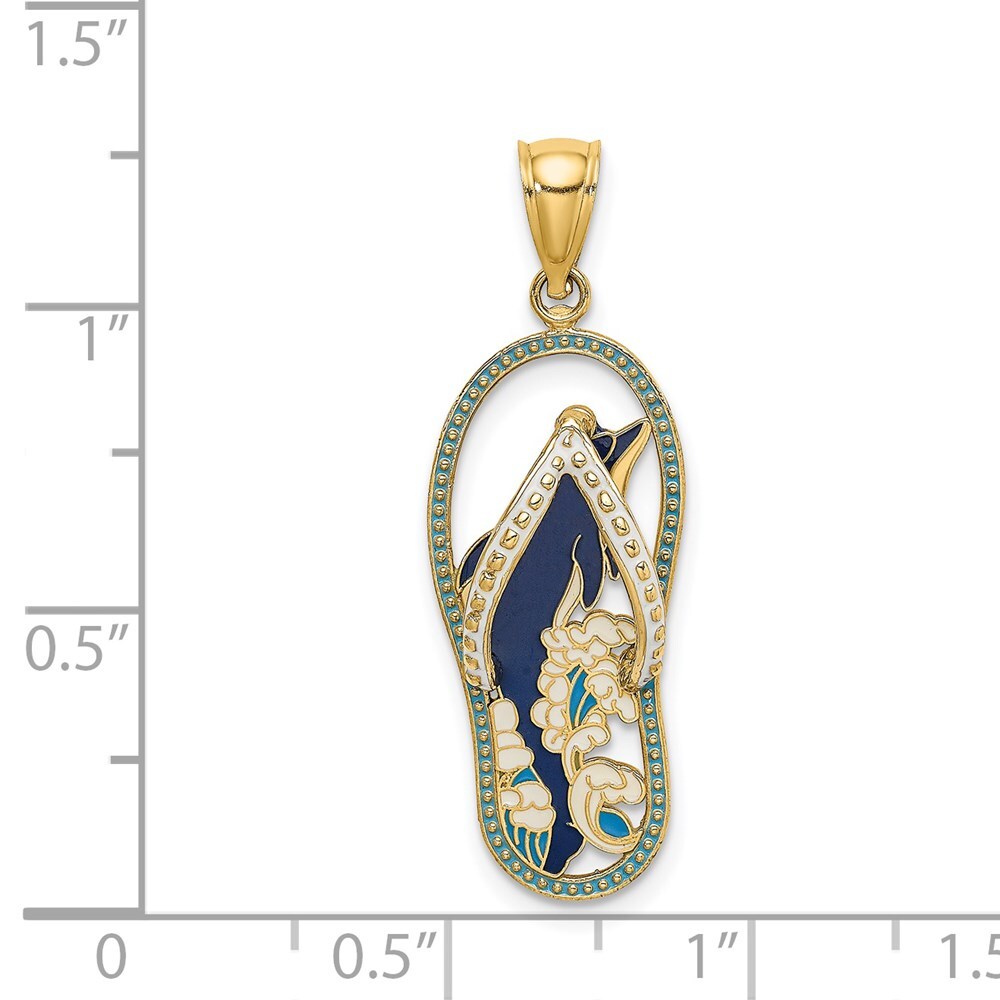 14k Gold Enamel Dolphin Flip-Flop Charm Pendant 1.95g (L- 32.72mm, W-11.65mm)