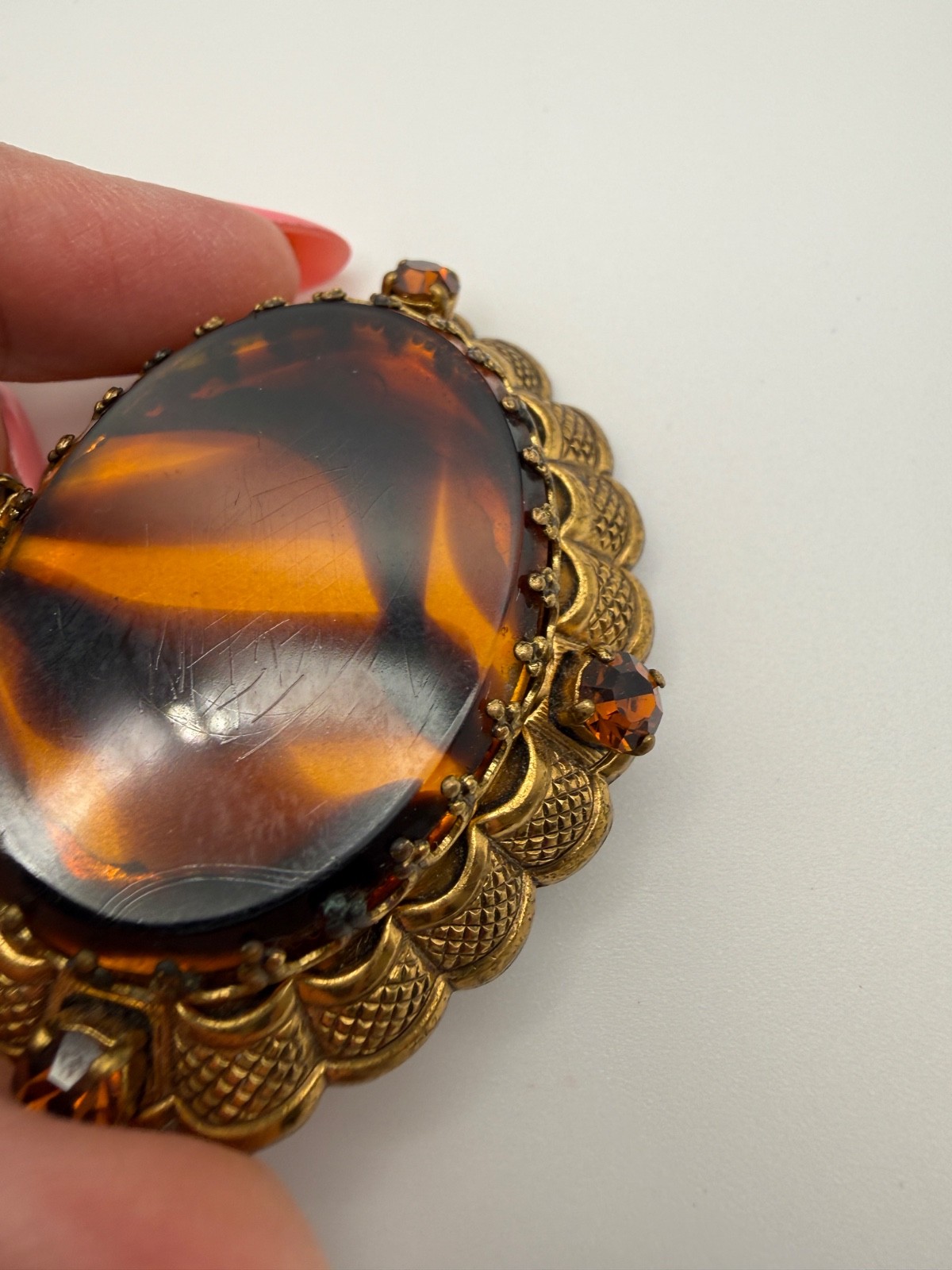 Vintage West Germany Brooch Faux Tortoiseshell Swirls Rhinestones Lucite Signed