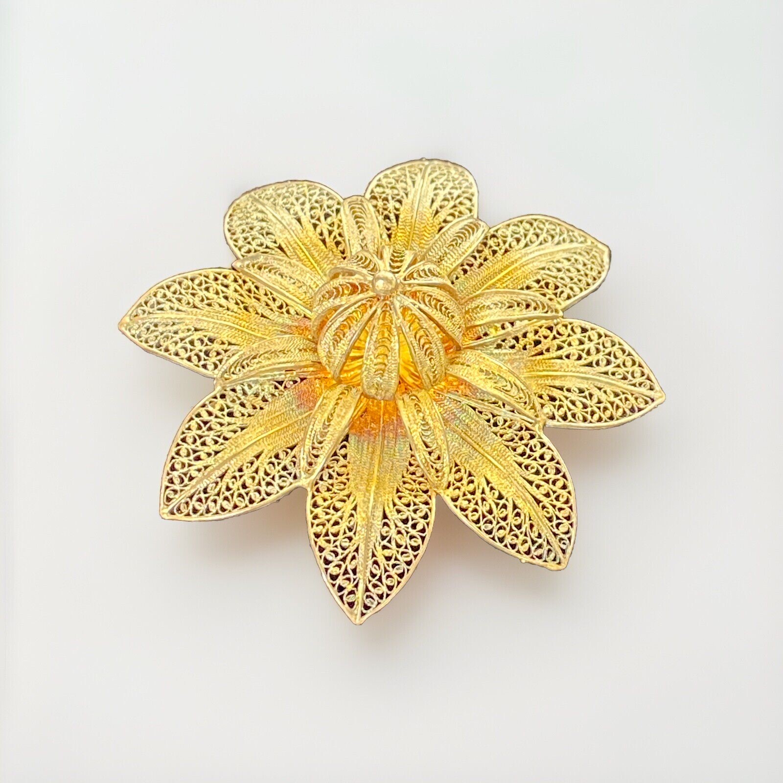 Vintage 2-3/8″ Wide Fine Silver Filigree Flower Brooch with Gold Wash 12 Grams