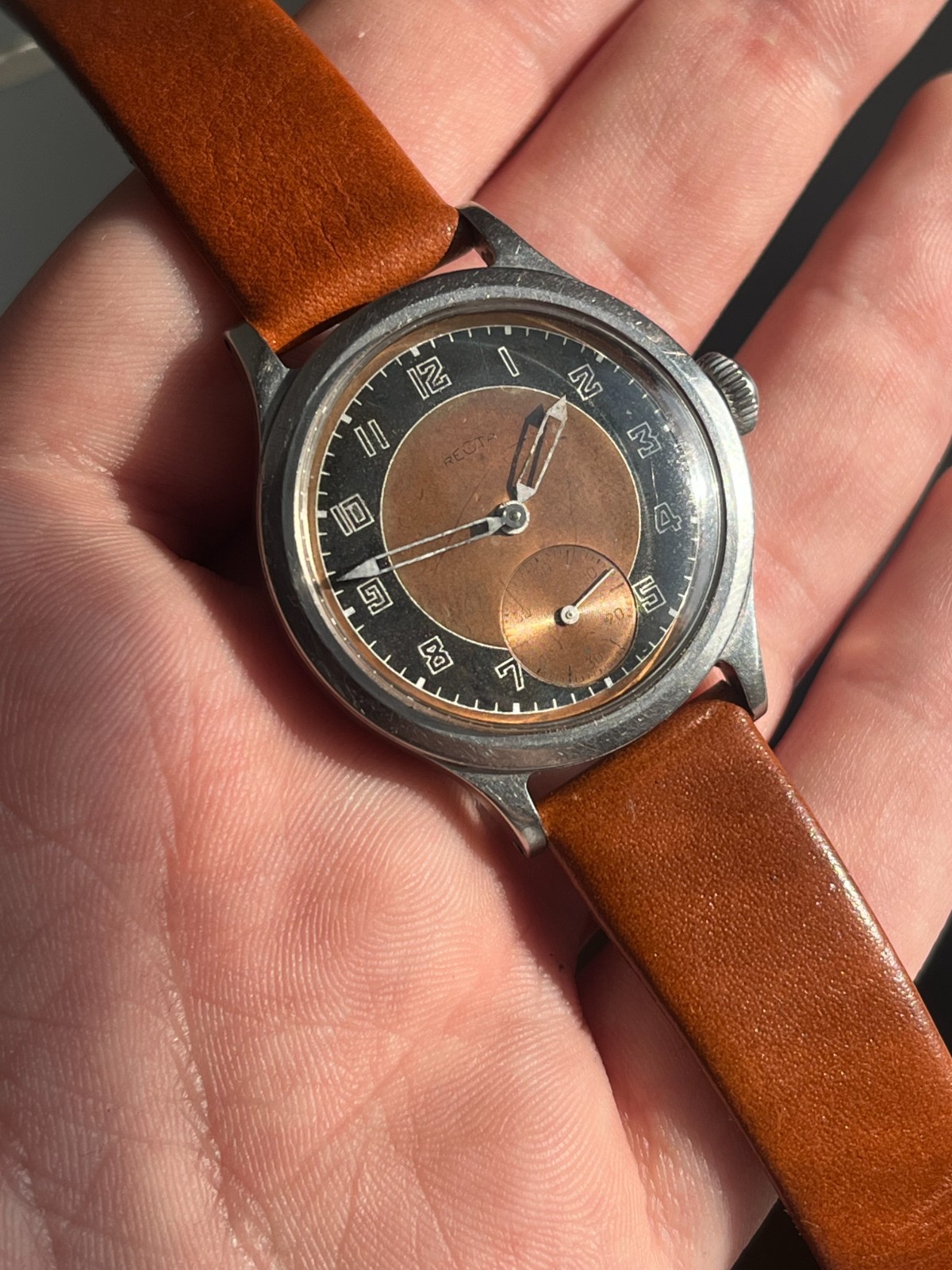 Vintage 1940s Recta Type 1224 Swiss Military Watch Tropical Bullseye Dial 32mm