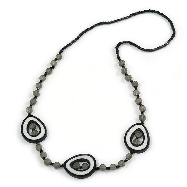 Gray/ White/ Black Resin and Glass Bead Long Necklace – 80cm L