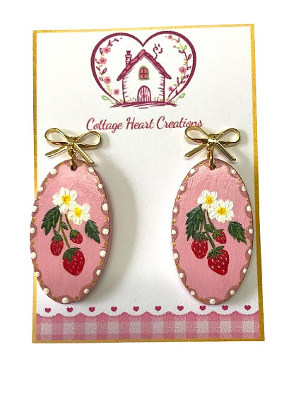 Artisan Hand Painted Pink Strawberry Wood Earrings 18K Gold Plated Cottagecore