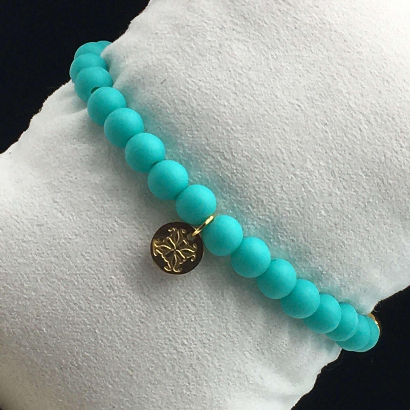 Rustic Cuff Mini Melanie Gold Tone Bracelet Teal Silicone Beaded Charm Logo