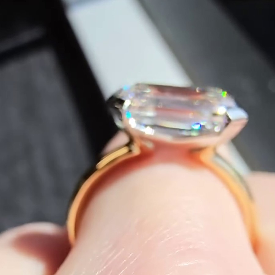 3.0 CT Emerald Cut Moissanite Half Bezel Engagement Ring 14K Yellow Gold Plated
