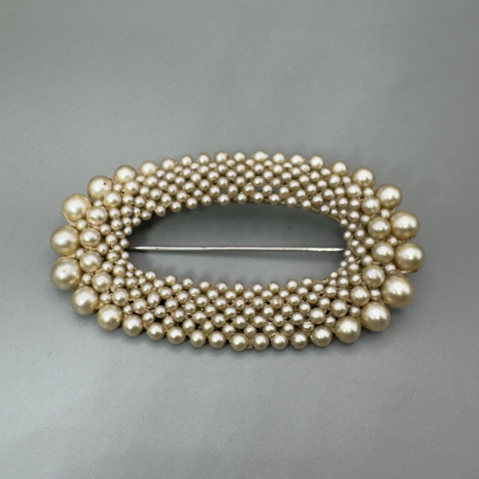 Vintage Gold Tone Filigree Brooch With Sewn Faux Pearls Imported 2.75