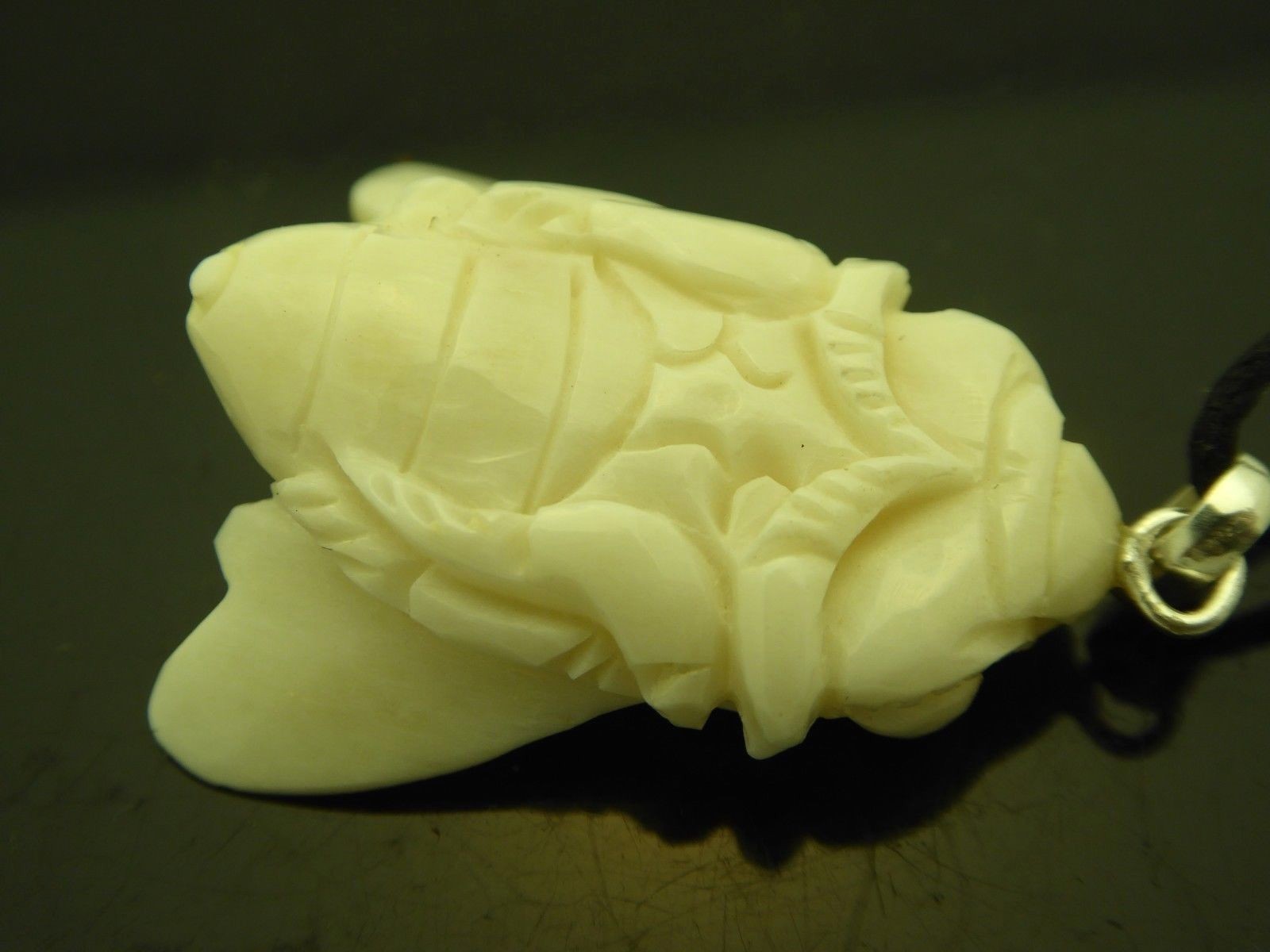 Carved Honey Bee Water Buffalo Bubalus Bubalis Bone Sterling 925 Amulet Necklace