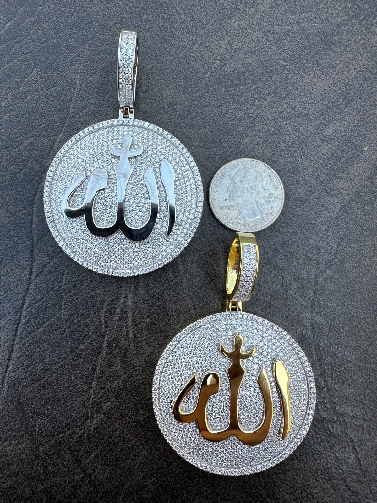 MOISSANITE Real 925 Silver / Gold Allah Medallion Arabic Necklace Pendant Iced