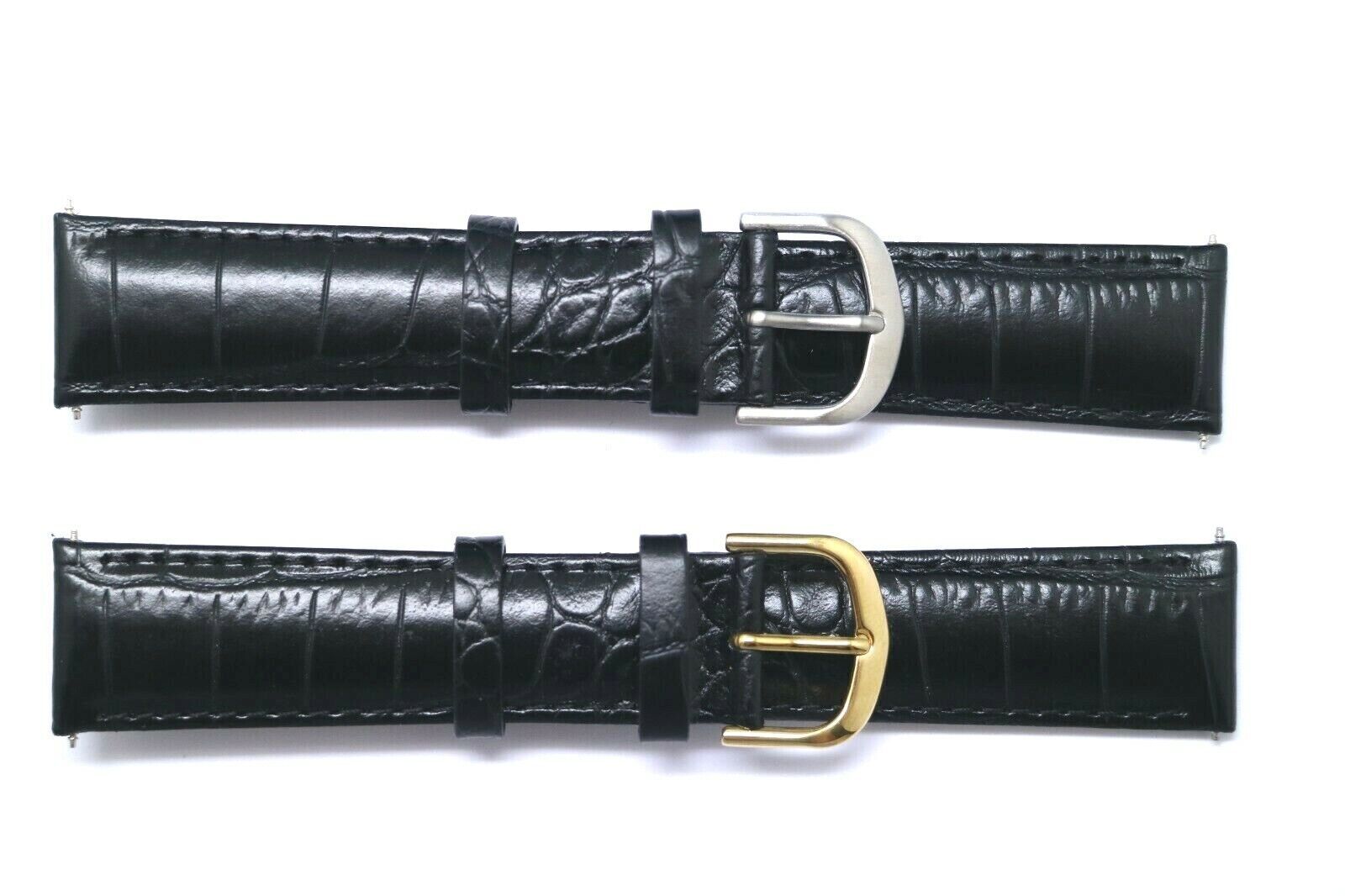 19 20 21mm Black Leather Water Resistant Watch Strap Silver Or Gold Tone Buckle