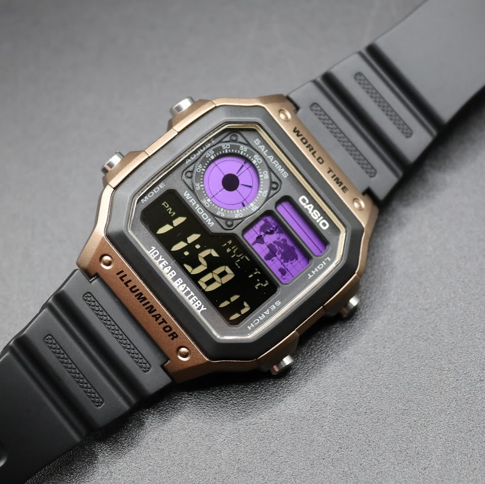 CASIO AE-1200WHD. Royale World Time Watch Mod. Purple Filter. Negative Display