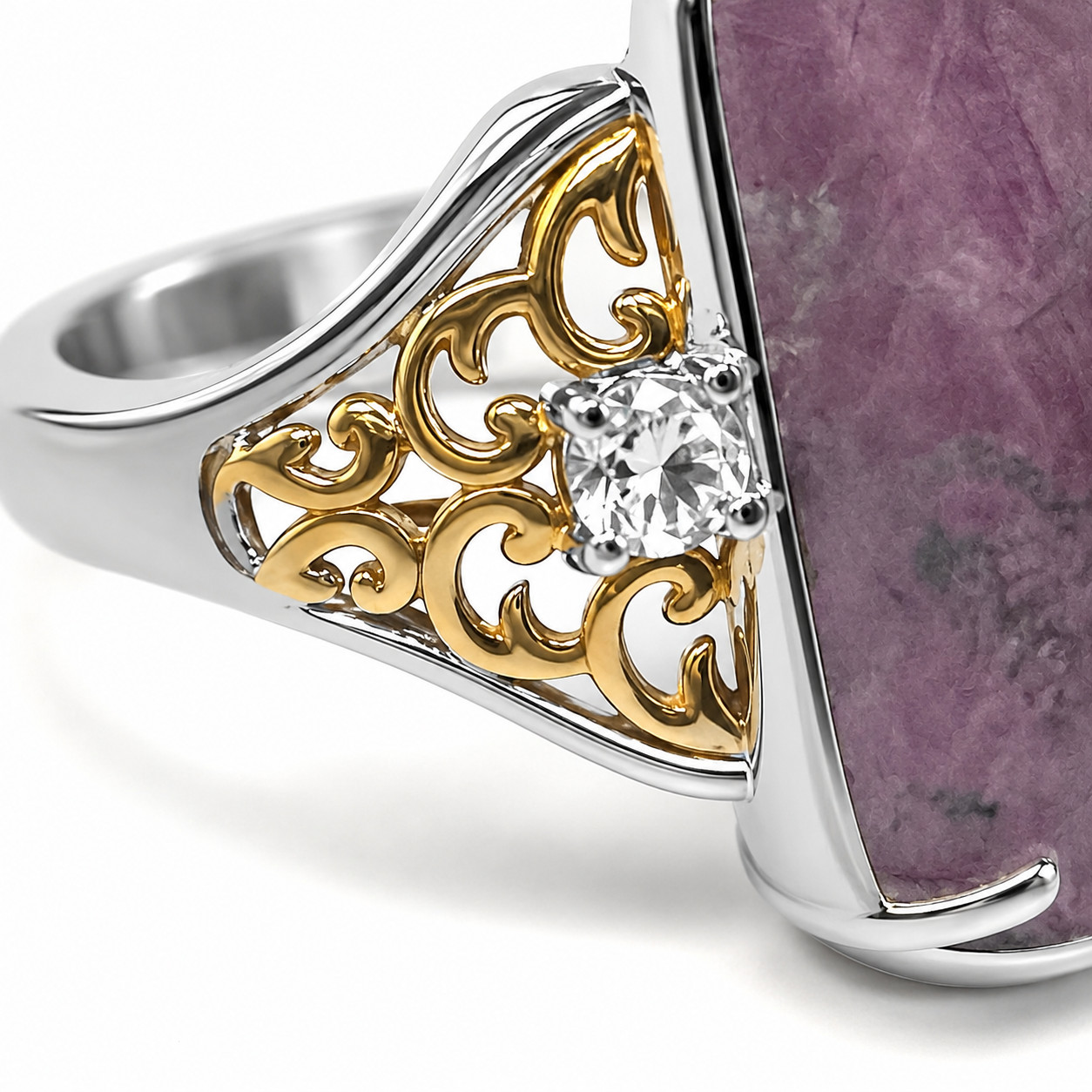 Statement Ring Pink Howlite White Topaz Ion Plated Gold Bonded Size 7 Rectangle