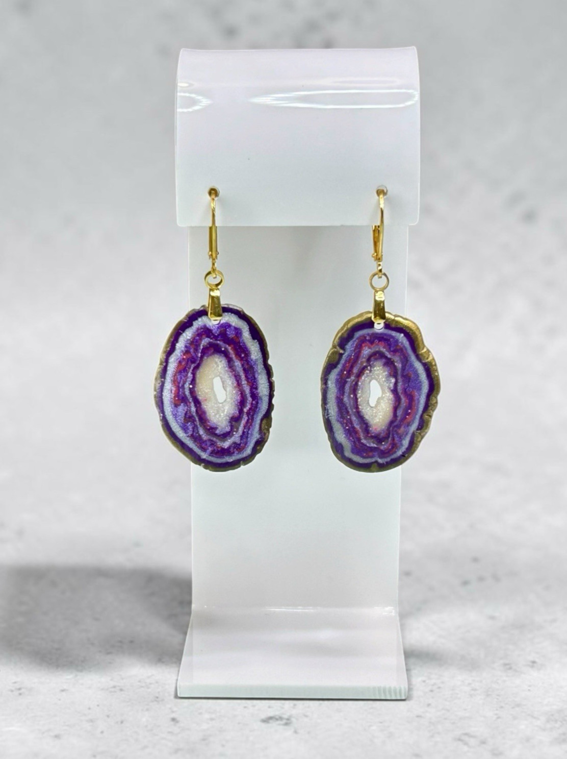Sm Faux Amethyst Geode Slice Polymer Clay Handmade Dangle Earrings SS Ear Wires