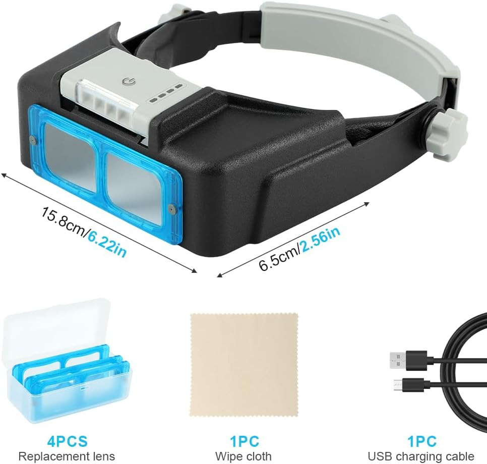 Headband Magnifier with LED Light USB Rechargeable 4 Lens Set for Close Work Rea