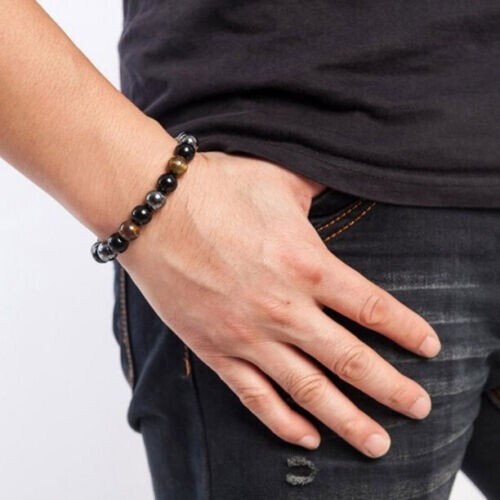 2 PCS Tiger Eye Natural Stone Obsidian 8mm Beaded Bracelet Men Women Jewelry