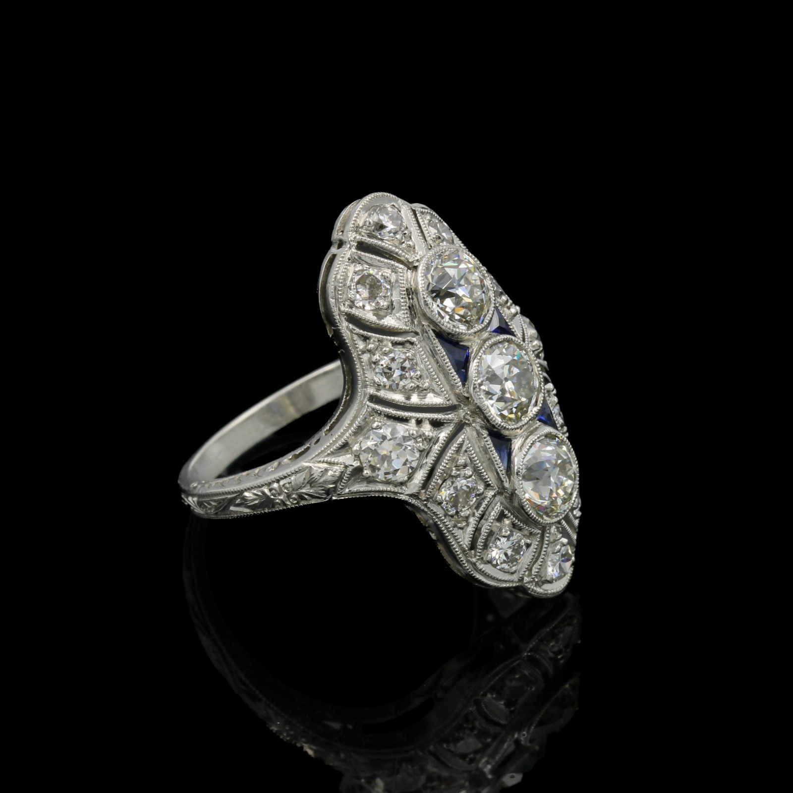Art Deco Platinum Die Struck 1.20ctw Diamond 3 Stone Shield Sz 5 Ring #E74974-2