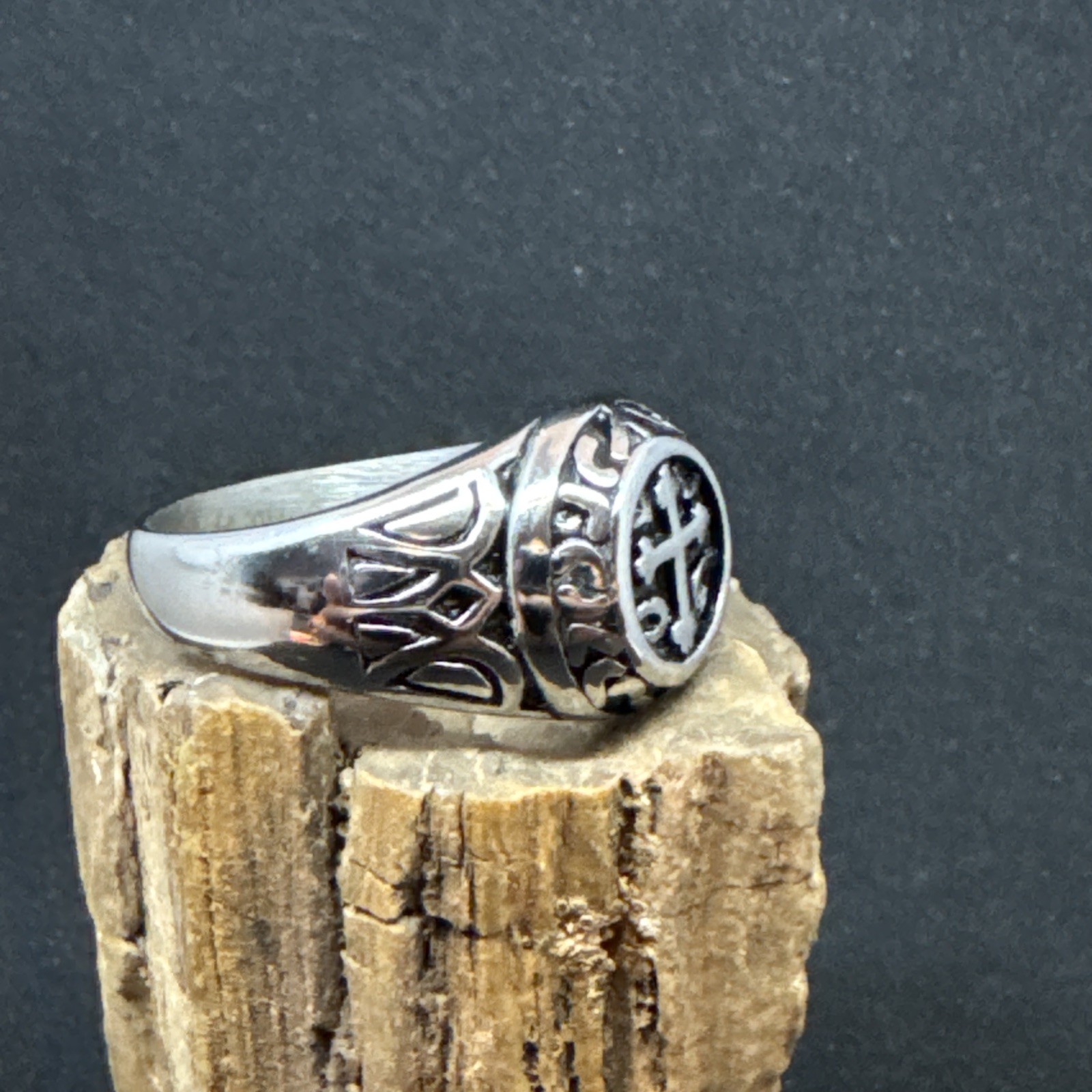 Cross Ring Stainless Steel High Polish Oxidized 12mm Face Width 5mm Band