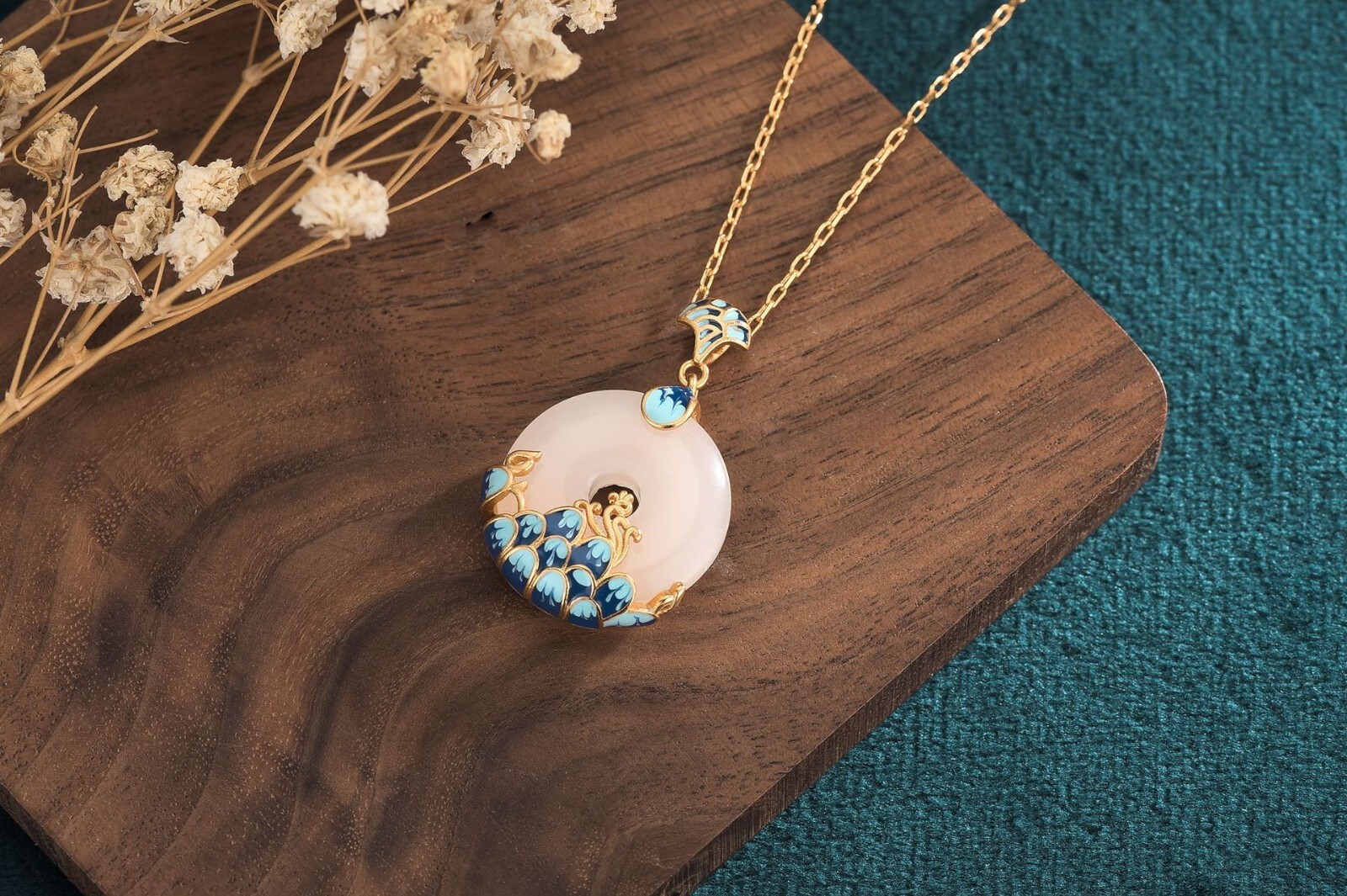 Ivory Jade Pendant Necklace Charm 18K Gold Plated Flower Cloisonne Gemstone