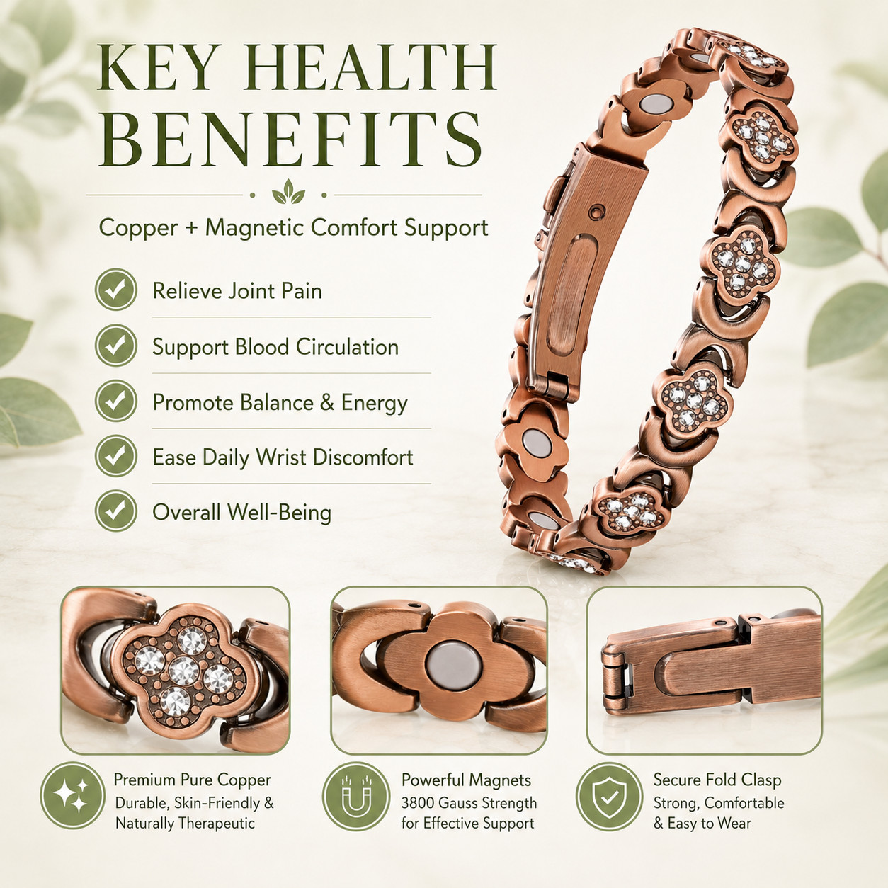 3800 Gauss Pure Copper Mag Bracelet Women,Infinity Clover,Pain Relief,Gift