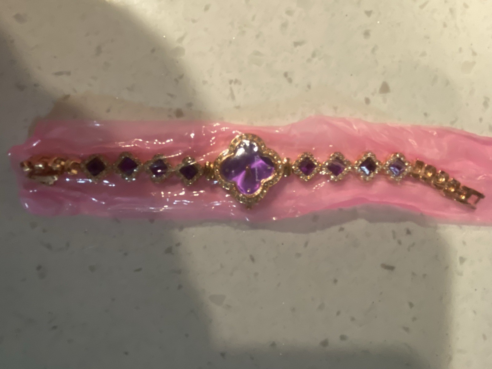 Gold Tone Tennis Link Bracelet watch Purple Heart Crystal Stones Box Clasp