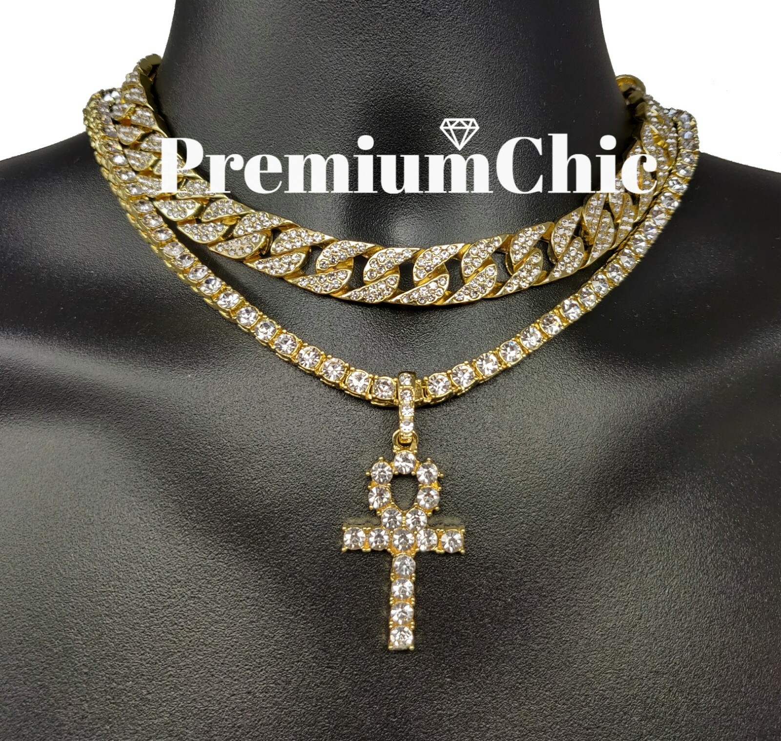 Mens Hip Hop ANKH Pendant + Tennis Chain + Miami Cuban Choker Plated CZ Jewelry