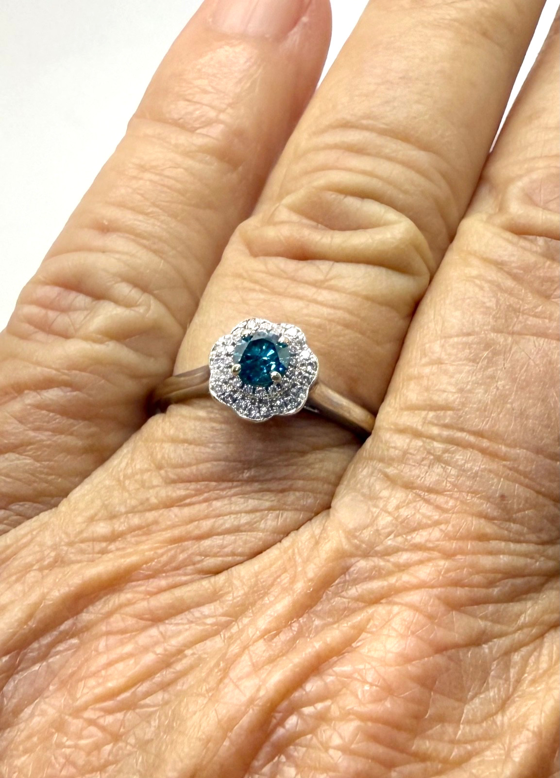 .25 Carat RB Blue & White Diamond Ring 18k White Gold w/Card Appraisal 6.5