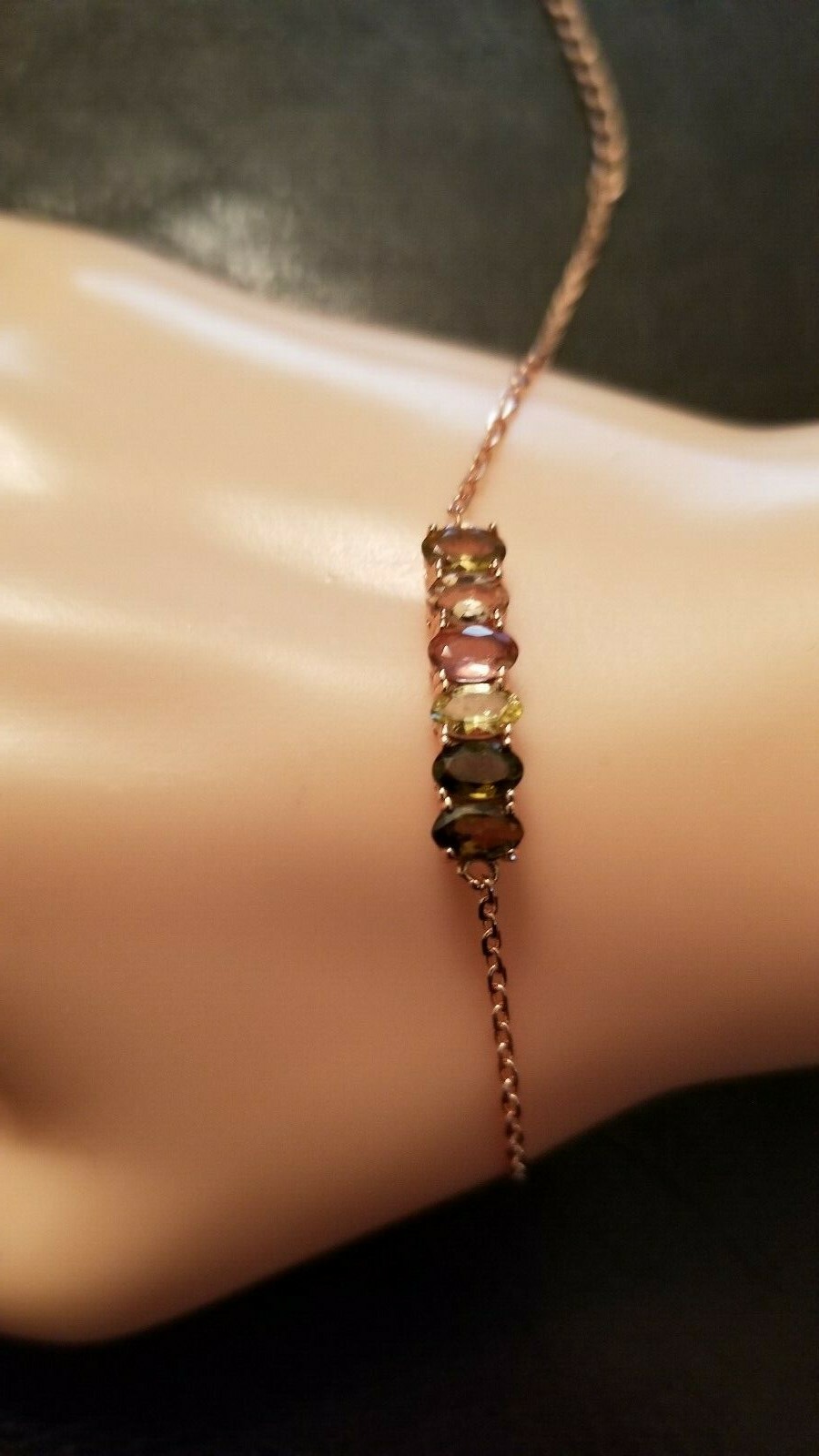 PRETTY MIX COLOR TOURMALINE 925 ROSE STERLING SILVER CHAIN BRACELET 6.5-8″