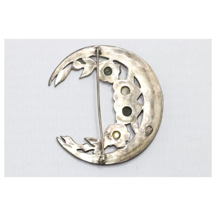 Vintage Sterling Silver Mother of Pearl, Black Onyx, and Marcasite Moon Brooch