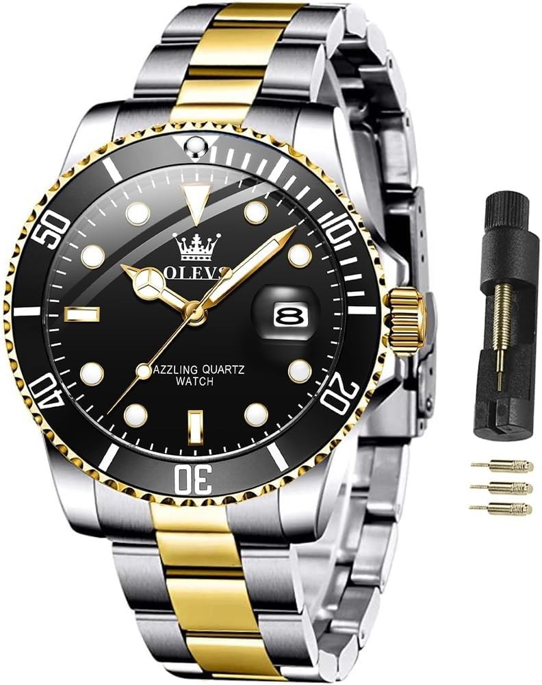Stainless Steel Two-Tone Men’s Watch – Big Face with Date, Waterproof & Luminous
