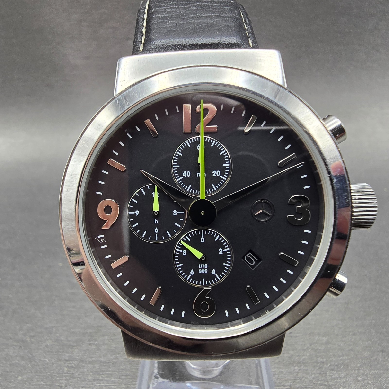 Mercedes Benz Chronograph Watch Men 42mm Black Dial Steel Date Round New Battery