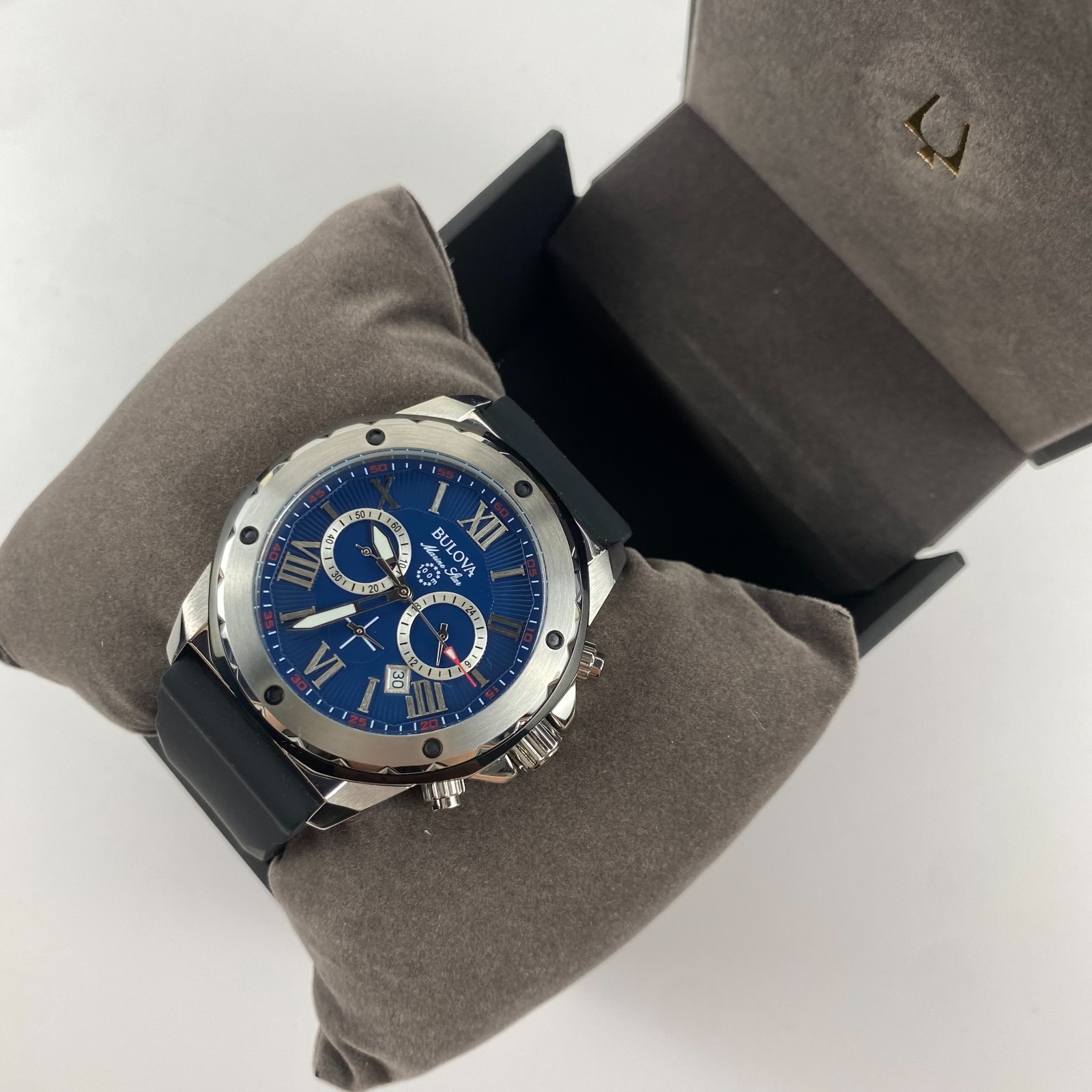 Bulova Marine Star 98B258 Quartz Blue Dial Black Rubber Strap Men’s Watch 44mm