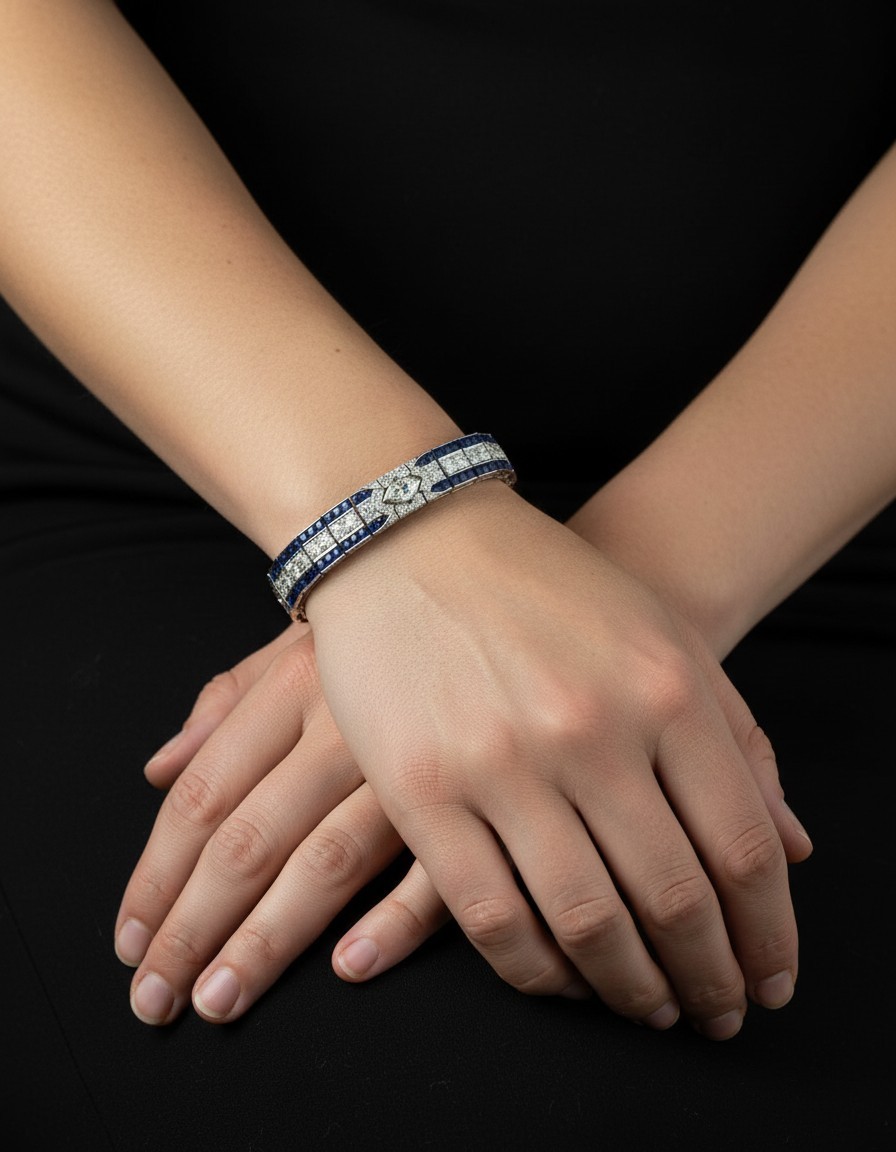 Blue Sapphire Princess Cut & Round Diamond Link Bracelet Wedding Bridal Jewelry