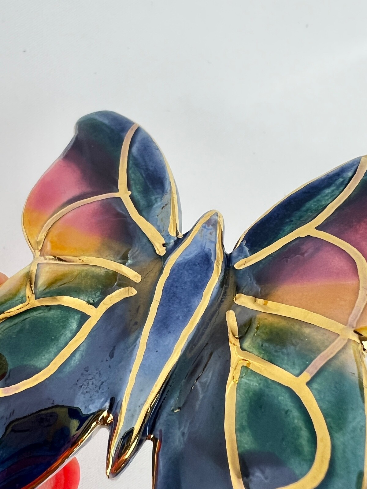Handmade Large Ceramic Glossy Enamel Butterfly Brooch Multi Color Gold Detailing