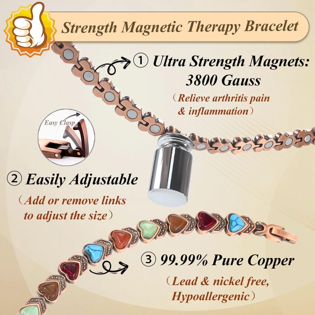 Women’s Copper Magnetic Bracelet Clover Crystal Adjustable Pain Relief Arthritis